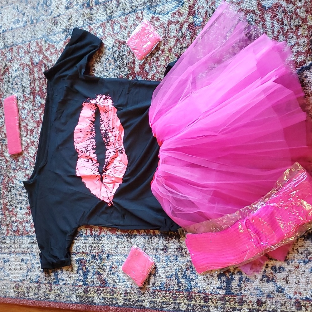 80s Costume Black Tee with Hot Pink Lip Print and Hot Pink Tulle Skirt Set